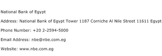 National Bank of Egypt Address Contact Number