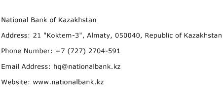 National Bank of Kazakhstan Address Contact Number