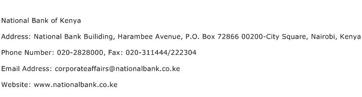 National Bank of Kenya Address Contact Number
