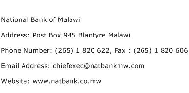National Bank of Malawi Address Contact Number