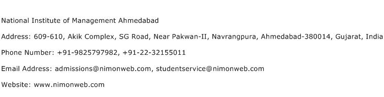 National Institute of Management Ahmedabad Address Contact Number