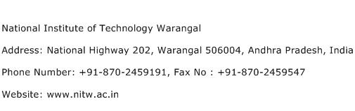 National Institute of Technology Warangal Address Contact Number
