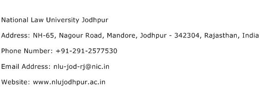 National Law University Jodhpur Address Contact Number