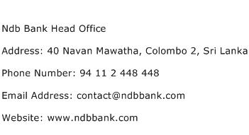 Ndb Bank Head Office Address Contact Number