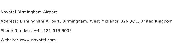 Novotel Birmingham Airport Address Contact Number