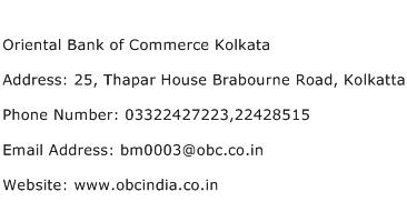 Oriental Bank of Commerce Kolkata Address Contact Number