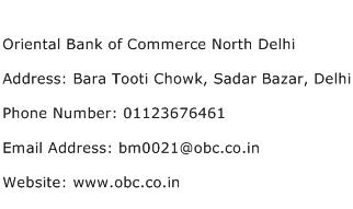 Oriental Bank of Commerce North Delhi Address Contact Number