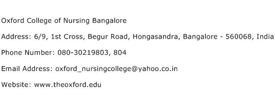 Oxford College of Nursing Bangalore Address Contact Number