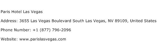 Paris Hotel Las Vegas Address Contact Number