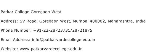 Patkar College Goregaon West Address Contact Number