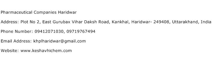 Pharmaceutical Companies Haridwar Address Contact Number