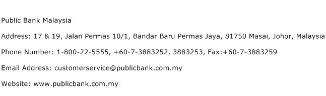Public Bank Malaysia Address Contact Number