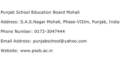 Punjab School Education Board Mohali Address Contact Number