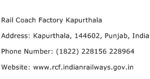 Rail Coach Factory Kapurthala Address Contact Number