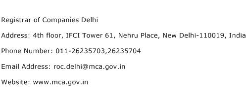 Registrar of Companies Delhi Address Contact Number