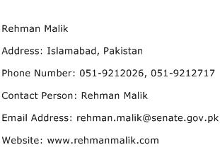 Rehman Malik Address Contact Number