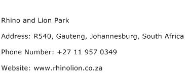 Rhino and Lion Park Address Contact Number