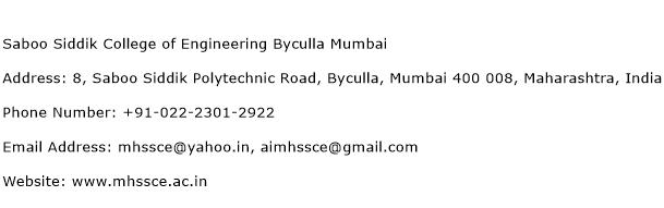 Saboo Siddik College of Engineering Byculla Mumbai Address Contact Number
