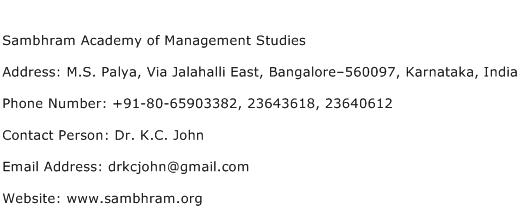 Sambhram Academy of Management Studies Address Contact Number