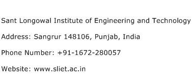 Sant Longowal Institute of Engineering and Technology Address Contact Number