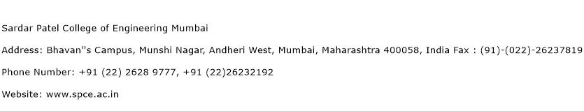 Sardar Patel College of Engineering Mumbai Address Contact Number