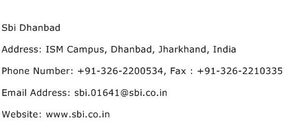 Sbi Dhanbad Address Contact Number