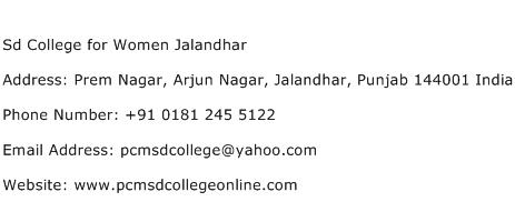 Sd College for Women Jalandhar Address Contact Number