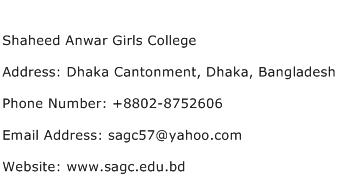 Shaheed Anwar Girls College Address Contact Number