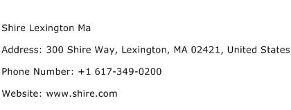 Shire Lexington Ma Address Contact Number