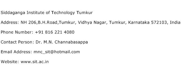 Siddaganga Institute of Technology Tumkur Address Contact Number
