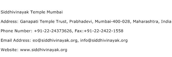 Siddhivinayak Temple Mumbai Address Contact Number