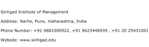 Sinhgad Institute of Management Address Contact Number