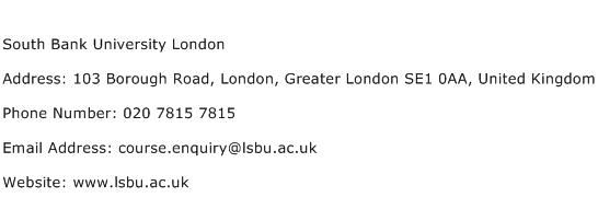 South Bank University London Address Contact Number