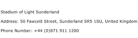 Stadium of Light Sunderland Address Contact Number