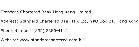 Standard Chartered Bank Hong Kong Limited Address Contact Number