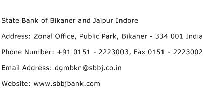 State Bank of Bikaner and Jaipur Indore Address Contact Number