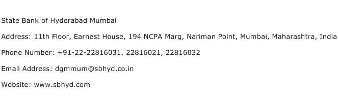 State Bank of Hyderabad Mumbai Address Contact Number
