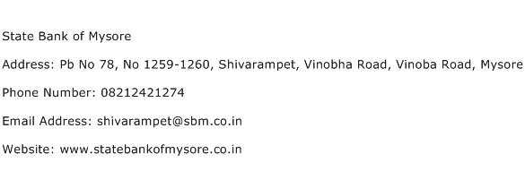 State Bank of Mysore Address Contact Number