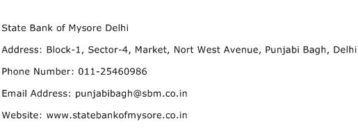 State Bank of Mysore Delhi Address Contact Number