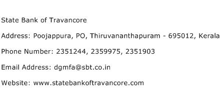 State Bank of Travancore Address Contact Number