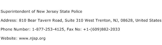 Superintendent of New Jersey State Police Address Contact Number