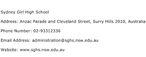 Sydney Girl High School Address Contact Number