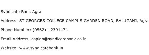 Syndicate Bank Agra Address Contact Number