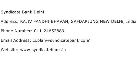 Syndicate Bank Delhi Address Contact Number
