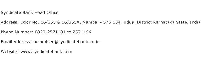 Syndicate Bank Head Office Address Contact Number