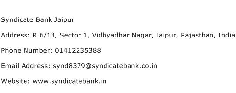 Syndicate Bank Jaipur Address Contact Number