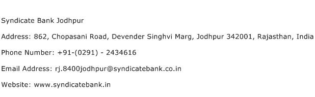 Syndicate Bank Jodhpur Address Contact Number