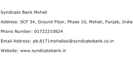 Syndicate Bank Mohali Address Contact Number