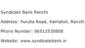 Syndicate Bank Ranchi Address Contact Number