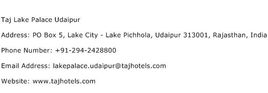 Taj Lake Palace Udaipur Address Contact Number